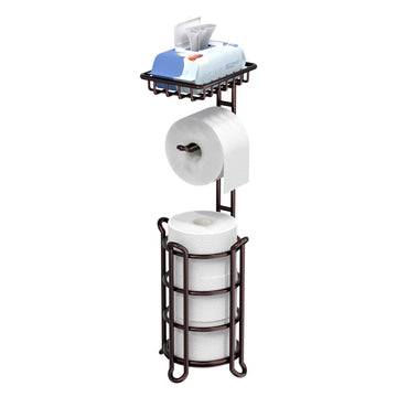 Toilet Paper Holder Stand Tissue Paper Roll Dispenser with Shelf Storage Holds Reserve Mega Rolls-Bronze
