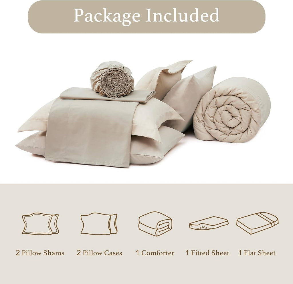 Monbix Queen Comforter Set - 7 Pieces Beige Bed in a Bag Queen Bedding Sets with Comforters