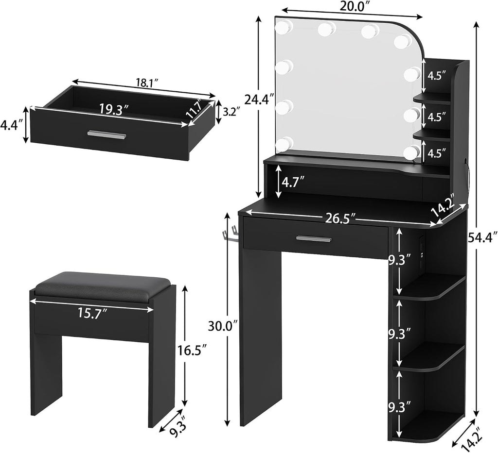 Black Vanity, Set with Big Mirror, Lights & Chair, for Girls | Small footprint, huge storage, 14.2×26.5×54.4"