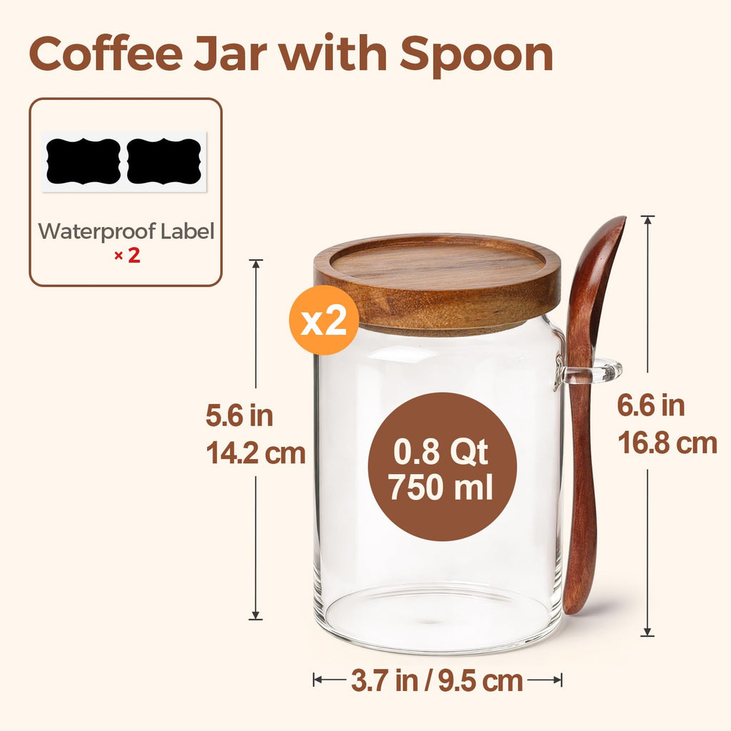 Coffee Storage Canister with Acacia Wood Lids & Scoops 0.8Qt 2Pack