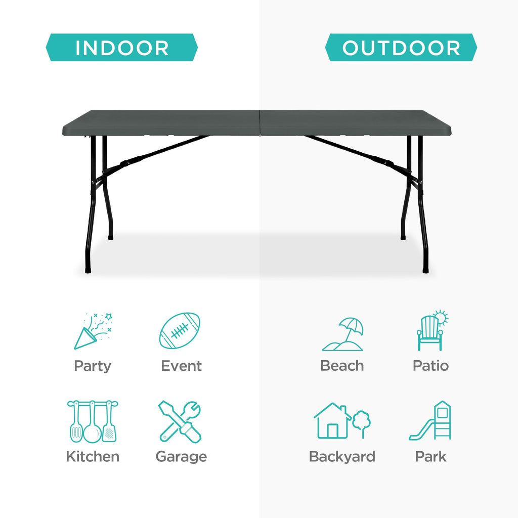 6ft Plastic Folding Table, Indoor Outdoor Heavy Duty Portable w/Handle, Lock for Picnic, Party, Camping - Dark Gray