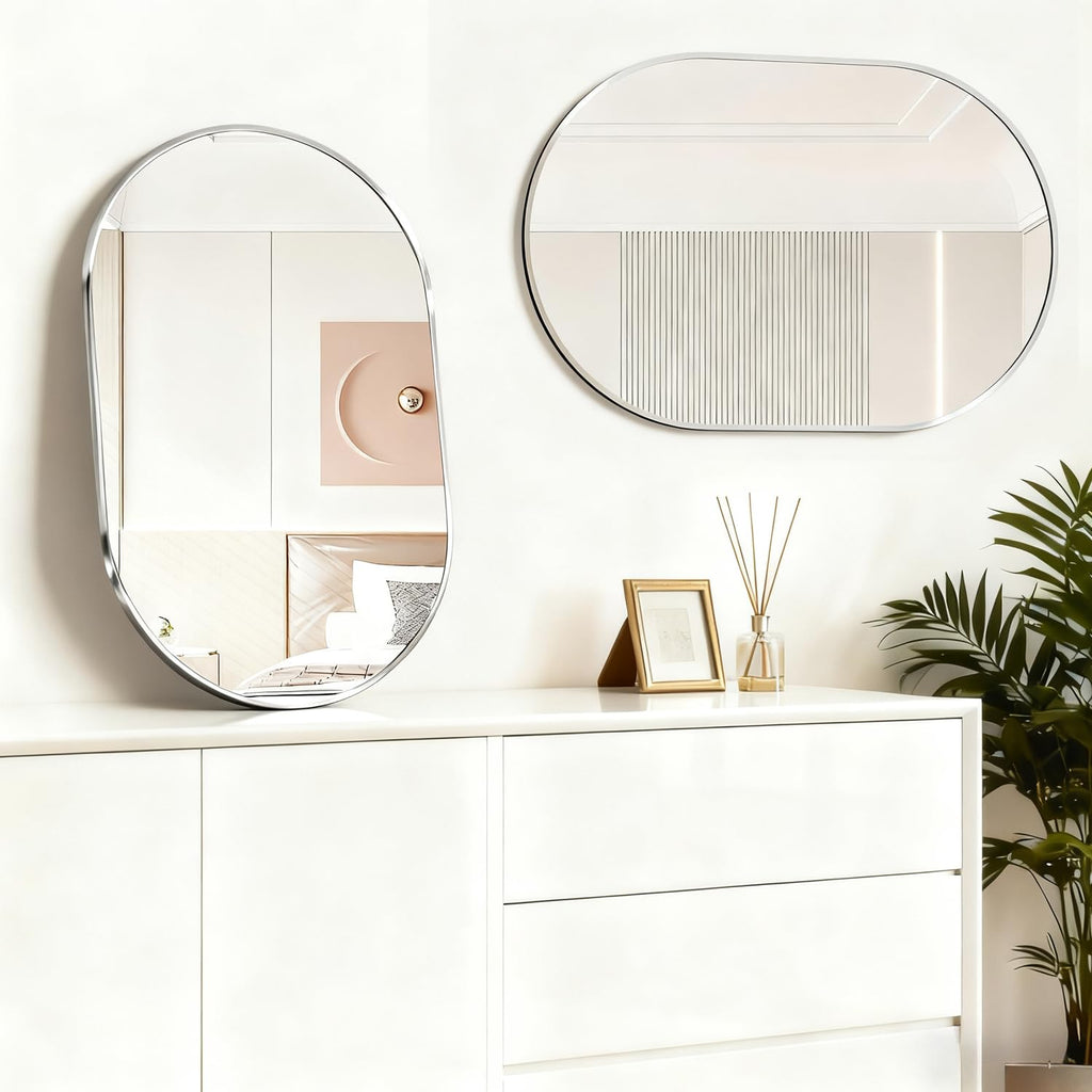 Oval Bathroom Capsule Wall Vanity, 24"x36" Pill Mirrors Wall Mounted, Large Modern with Silver Metal Frame, Decor
