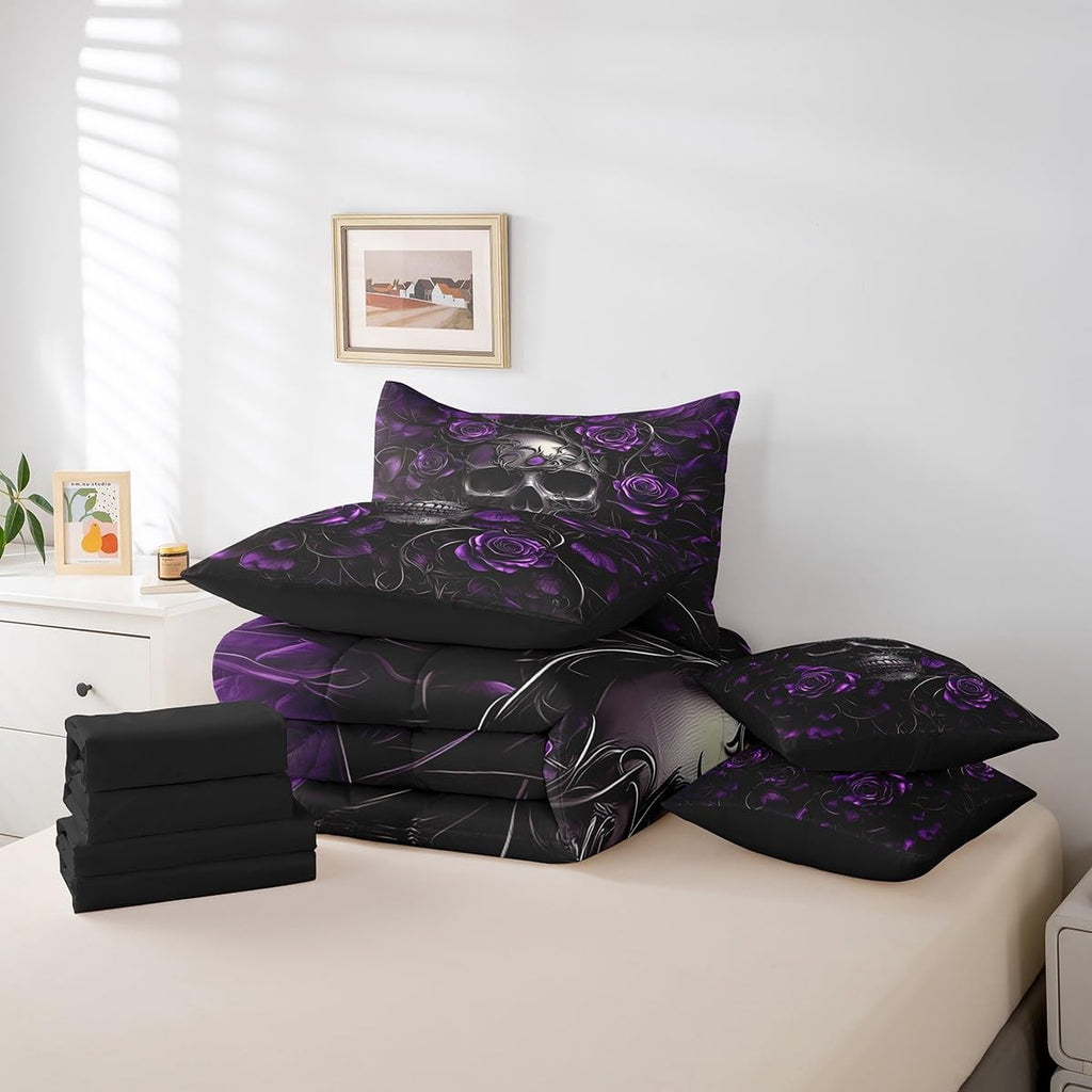 Erosebridal Sugar Skull 7 Pcs Comforter Set Queen,Purple Rose Floral Bedding Set for Kids Boys Girls Teens