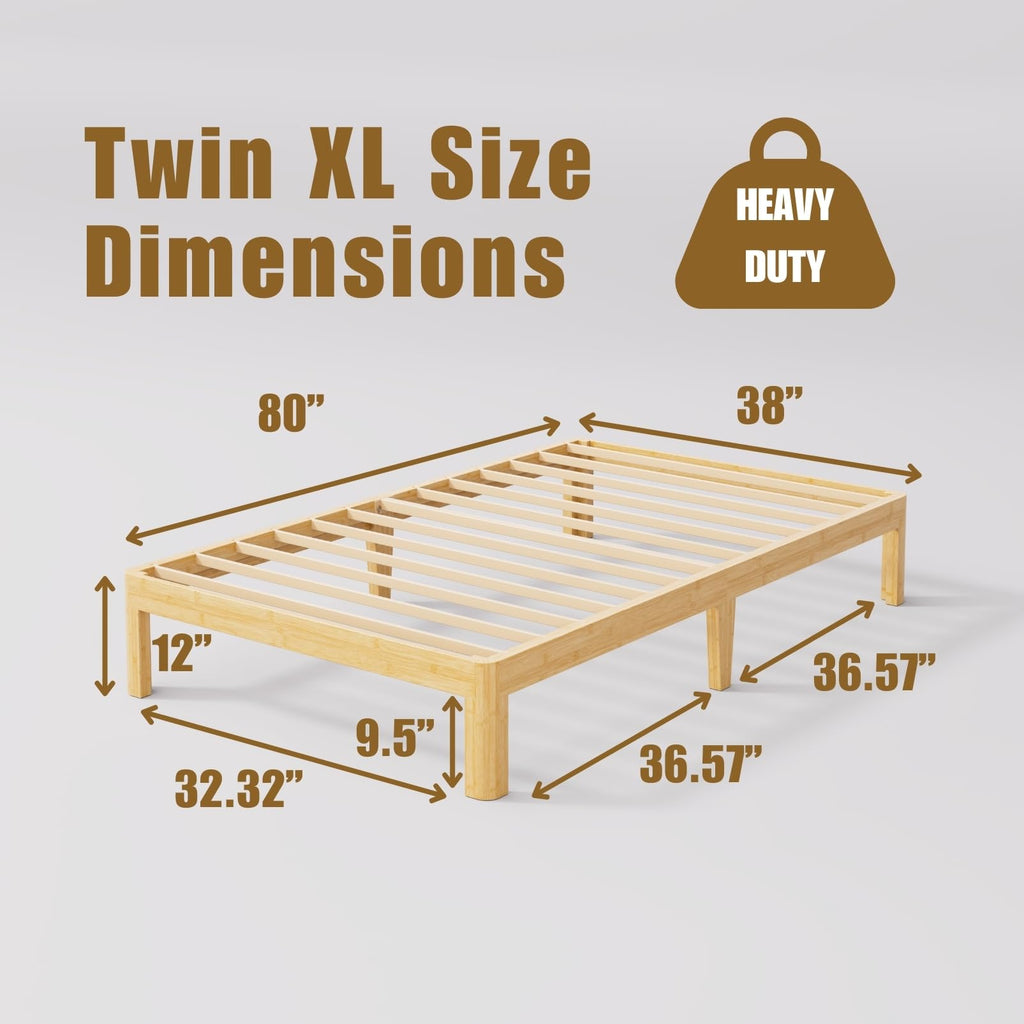12" Bamboo Wood Twin XL Bed Frame Platform with Metal Slats, Natural