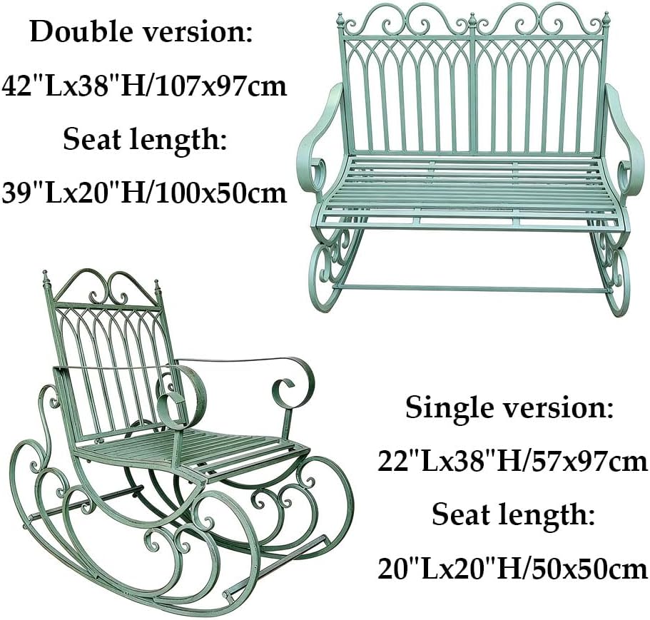 Wrought Iron Patio Vintage Rocking Chair, Single and Double Outdoor Garden Bench, Durable Metal Porch Furniture