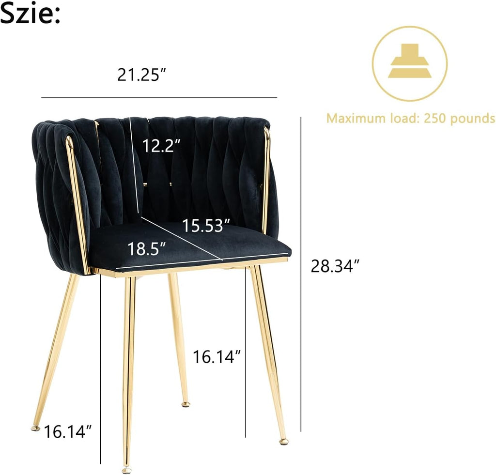 Woven Velvet Dining Chairs Set of 2, Upholstered Velvet Dining Chairs with Gold Metal Legs, Modern Style, Black