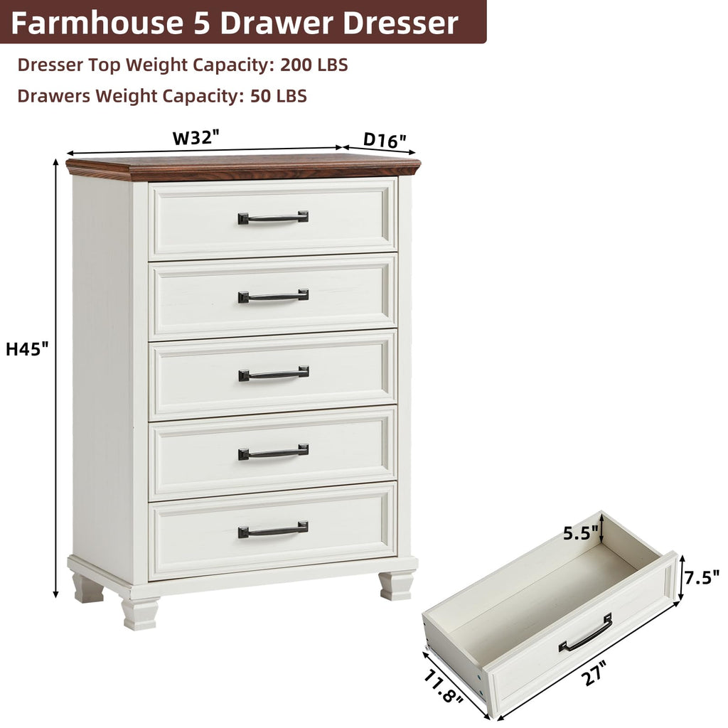 Farmhouse 5 Drawer, White