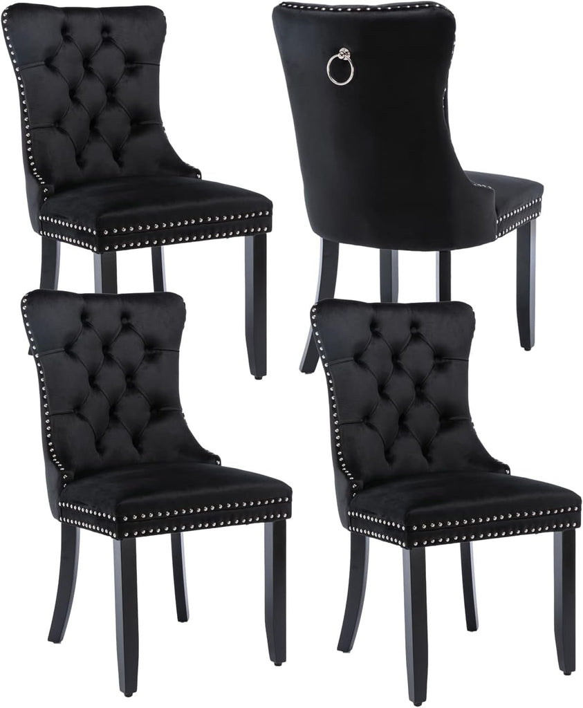 Black Velvet Dining Chairs Set of 4, Upholstered Dining Room Chairs with Back Ring Pull Trim and Solid Wood Legs