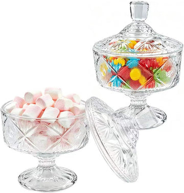 Oz Glass Candy Dish with Lid - Crystal Apothecary Jar, Decorative Cookie Jar for Party, Candy Buffet - Set of 2