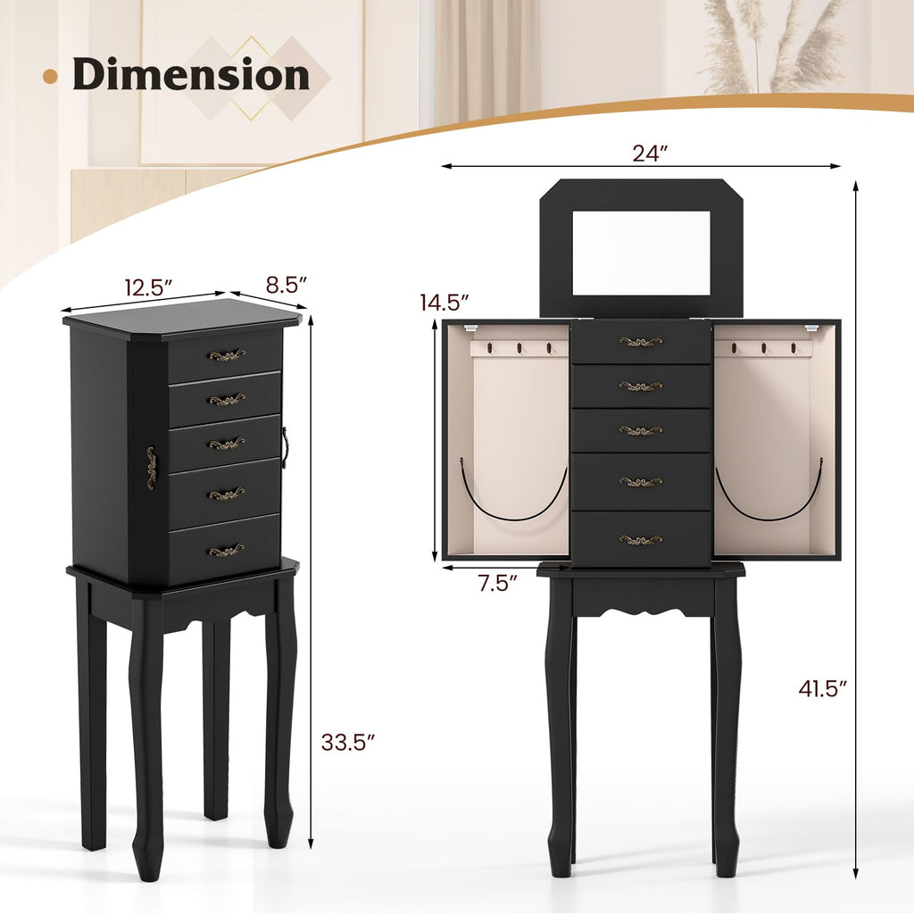 Standing Jewelry Armoire, Space-Saving Jewelry Organizer Chest (Black)