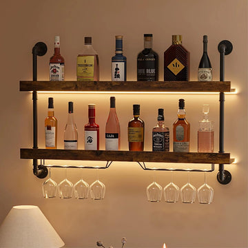 2-Tier Wall Mounted Wine Rack with LED Lights,47.2" W | Bar Shelves Wall Mounted,Hanging Liquor & Wine Glass Rack