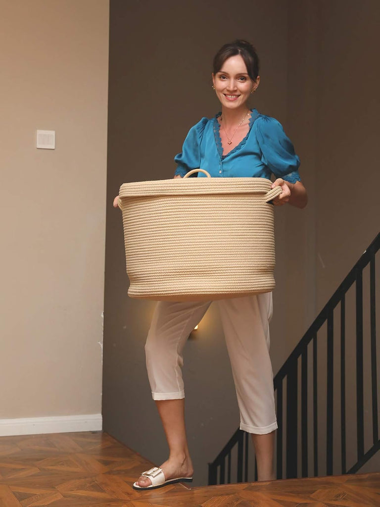 16x18 Inch Extra Large Round Cotton Rope Storage Basket with Lid, Decorative Woven Bin with Cover Bedroom Closet