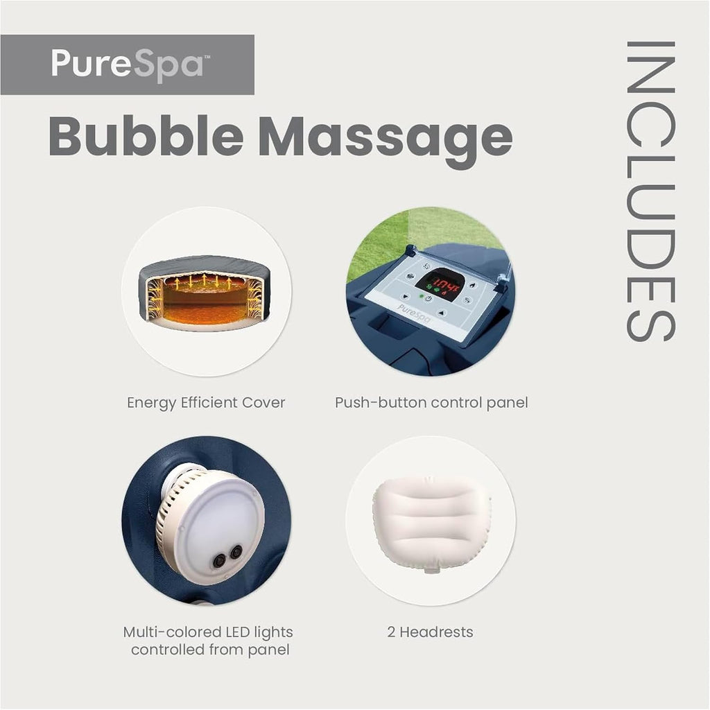 PureSpa 4 Person Inflatable Hot Tub with Energy-Efficient Spa Cover | 28429EH Bubble Massage: Built-in Hard Water