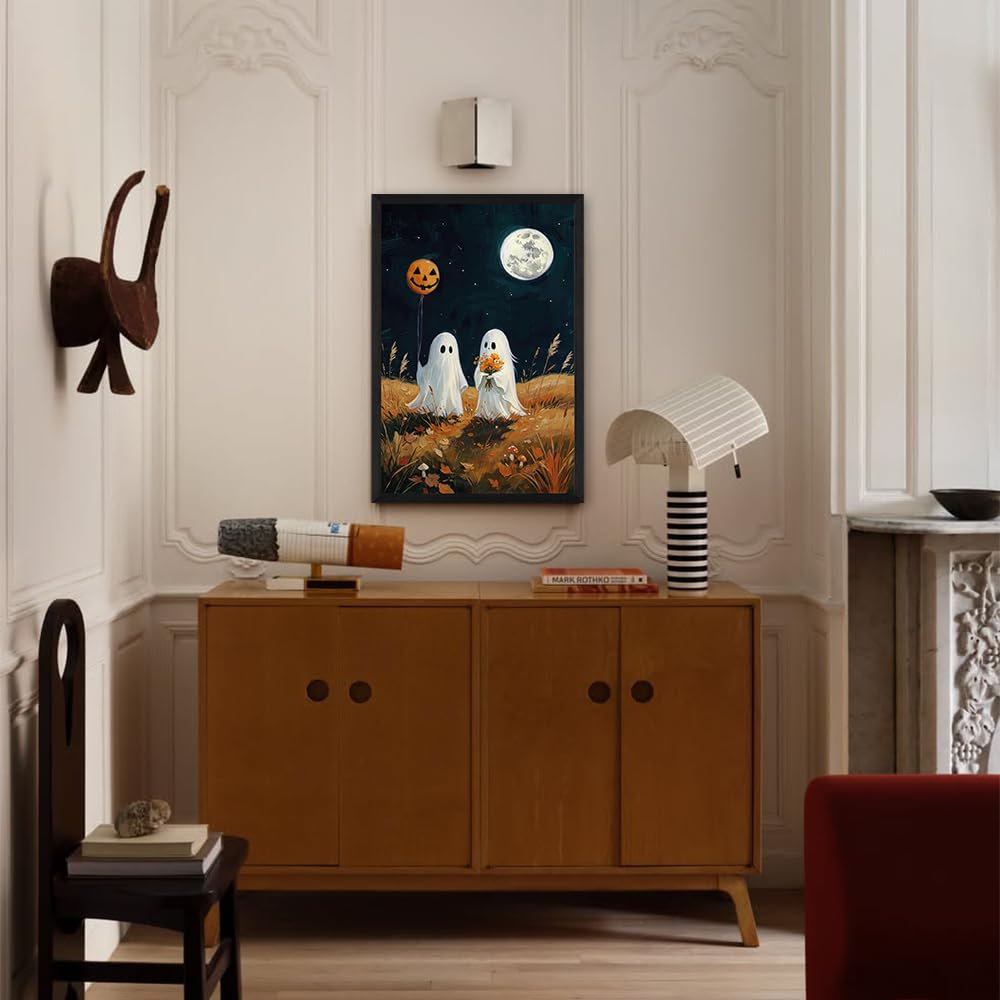 Halloween Ghost Canvas Wall Art Cute Ghost Pumpkin Moon Landscape Vintage Farmhouse Framed Wall Decor Hallway Autumn