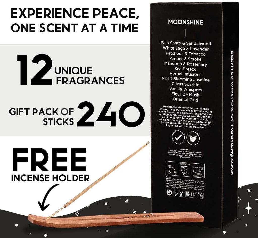 Incense Sticks Gift Set | Insense Sticks (240) with Incense Holder | Non Toxic Palo Santo Incense Sticks - Set of 12