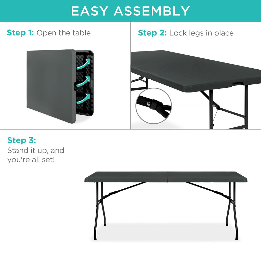 6ft Plastic Folding Table, Indoor Outdoor Heavy Duty Portable w/Handle, Lock for Picnic, Party, Camping - Dark Gray
