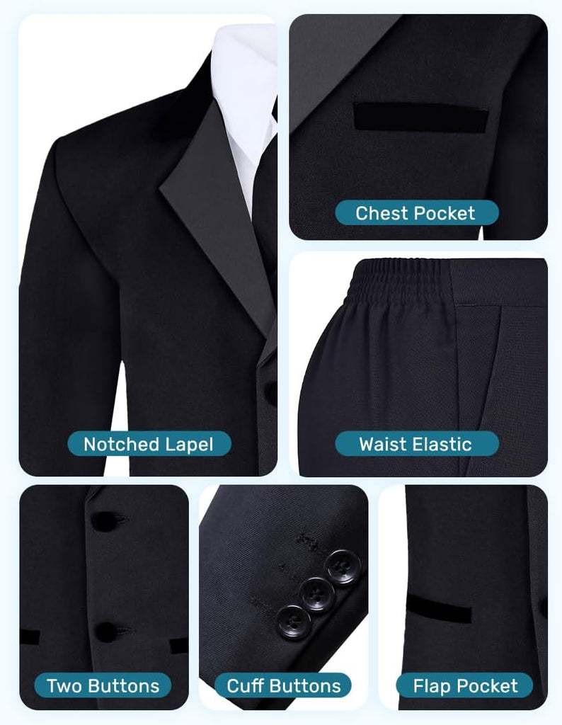 Boys 5 Piece Tuxedo Set with Jacket, Pants, Shirt, Vest & Bow Tie