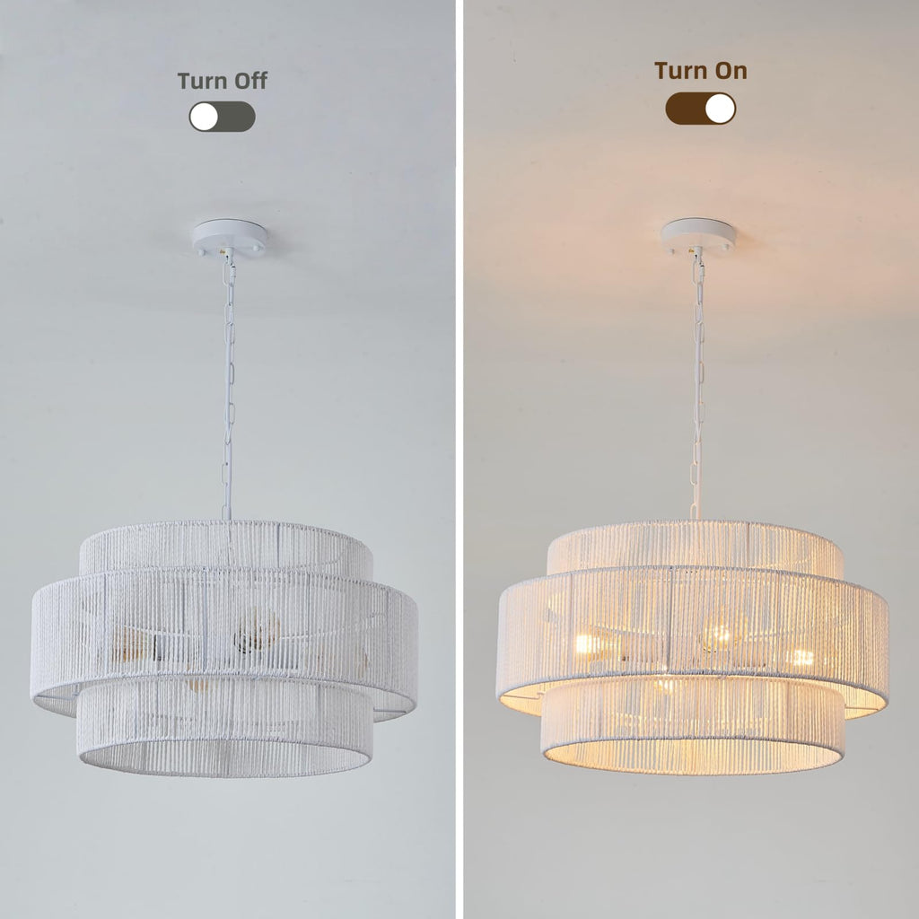 4-Light Large White Rattan Chandeliers, 22.8in Boho Coastal Pendant Lights