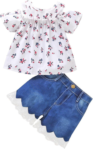 Toddler Baby Girls Clothes Outfit Summer Ruffled Off Shoulder Short Sleeve Floral Shirts Tops Denim Shorts Set