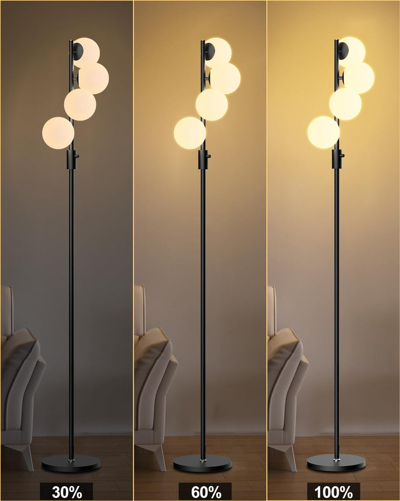 64IN Dimmable Globe Floor Lamp, Black Standing Lamps with 4PCS 3000K Bulbs Included, Mid Century Modern Floor Lamp