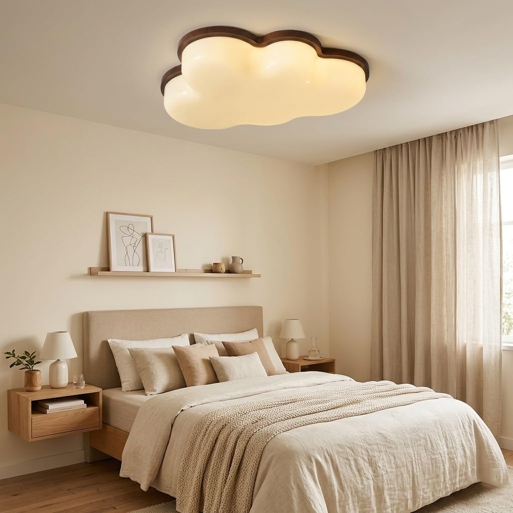Modern Cloud LED Ceiling Light, Wood Flush Mount Ceiling Lamp with Acrylic Shade, Warm White Neutral Cool White