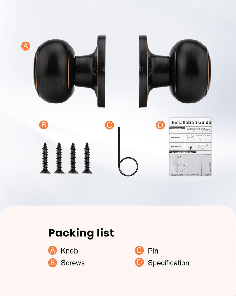 1 Pack Oil Rubbed Bronze Door Knob Dummy, Half Bronze No-Turning Dummy Closet Doors Single-Sided Door Locks (2