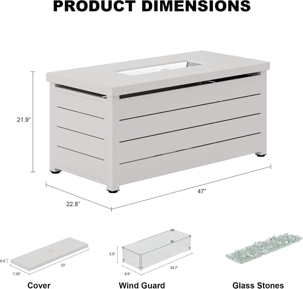 Outdoor Propane Fire Pit Table, 60,000 BTU Rectangular Gas Fire Pit with lid, Glass Bead and top Cover, 3 in 1 Fire