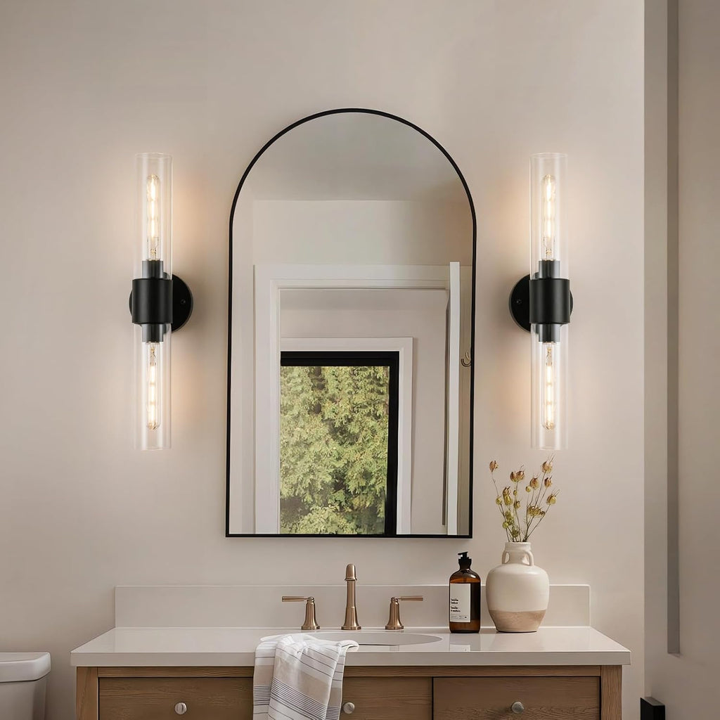 22" Matte Black Wall Lamps,Bathroom Sconces Set of 2 | Industrial Glass Vanity Light, E26 Base,Modern Glass Wall