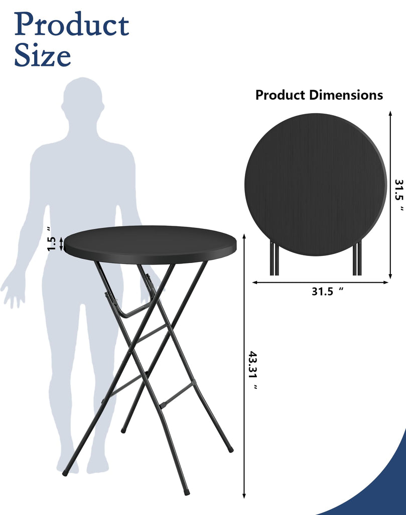 32" Round Folding Table, Plastic Bar Height Tables for Parties, Black
