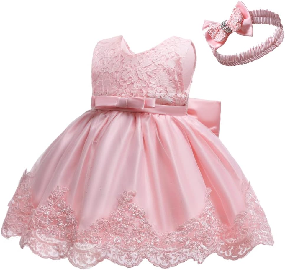 Baby Girl Party Dress Toddler Lace Embroidery Pageant Dresses with Headwear