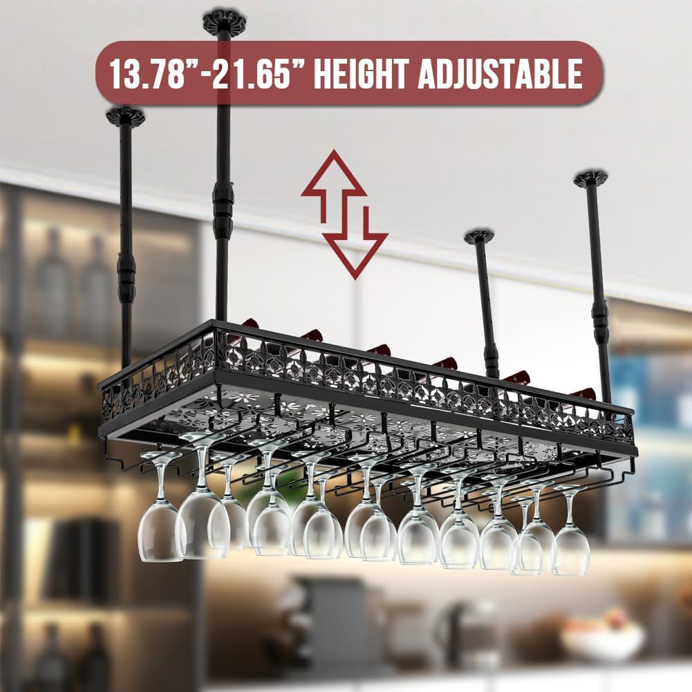 Hanging Wine Rack with Glass Holder, Ceiling Wine Glass Rack 13.78-21.65 inch Height Adjustable Industrial Hanging