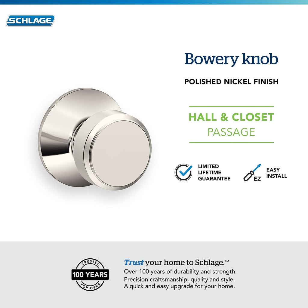 Bowery Hall/Closet Passage Door Knob, Polished Nickel