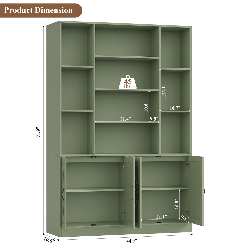 72" Tall Bookshelf, Large Farmhouse Bookcase with Storage, Green