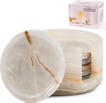 Marble Coasters Cream Onyx 3.5 Inch Round Stone Coaster for Drinks with Holder - Ideal Drink Coasters - Set of 6
