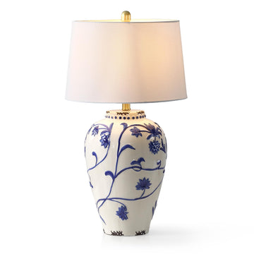27-Inch Table Lamp with Blue and White Porcelain Ginger Jar, Embossed Floral Ceramic Base with Fabric Shade