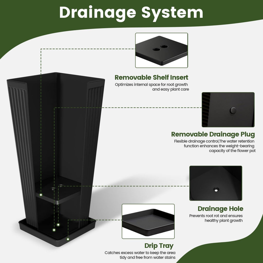 24" Tapered Tall Planters for Outdoor Plants with Tray&Shelf, Black