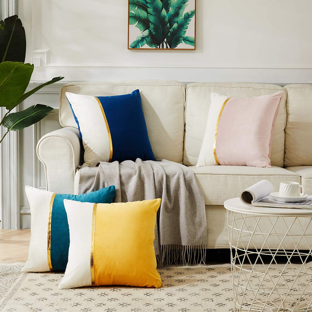 Pack of 2 Patchwork Soft Velvet Decorative Throw Pillow Covers, Luxury Modern Solid Cushion Case for Couch Sofa Bed