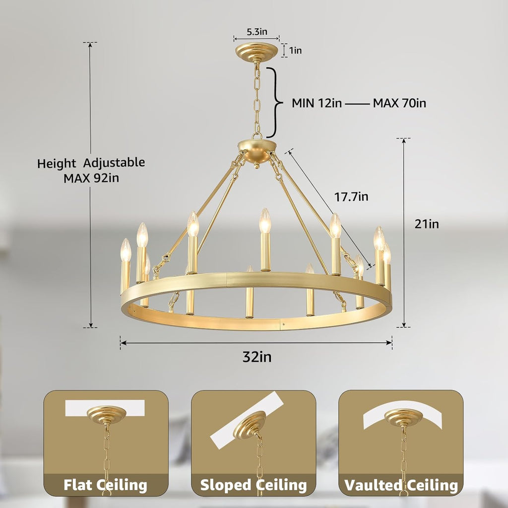 Inspired Camino Style Chandelier - Gold Wagon Wheel Chandelier Farmhouse 32-Inch, 12-Light Modern Gold Chandelier for Dining Room, Round Iron Industrial Chandeliers Light Fixture for Living Room, Foyer, Entryway, E12 A105-B0DM1YQ7PG