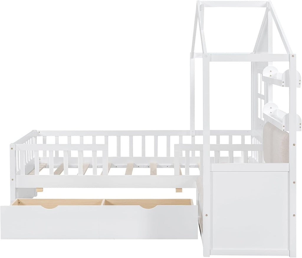 Kids Tw Bed Frame with Upholstered Sofa and 2 Drawers, Wood Montessori Bed with Storage Shelves and Tall Rails, L