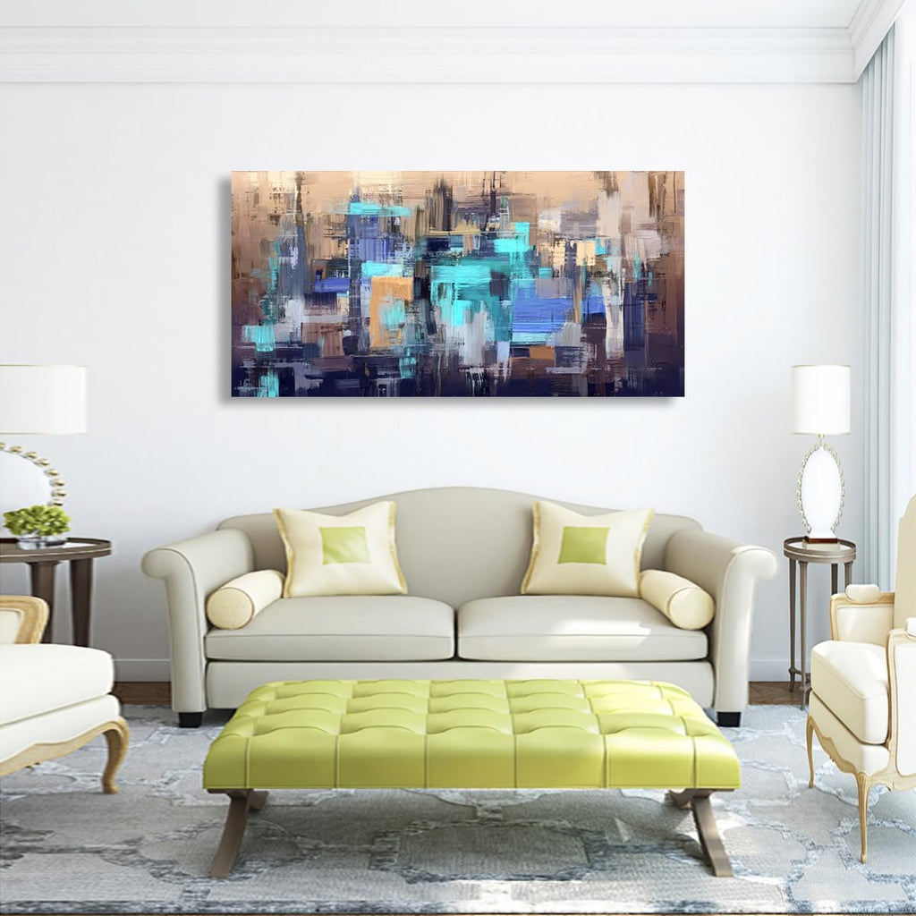 Abstract City Skyline Canvas Wall Art 40x20 Inches Framed Teal Blue Brown Cityscape Wall Decor Wood Frame Waterproof