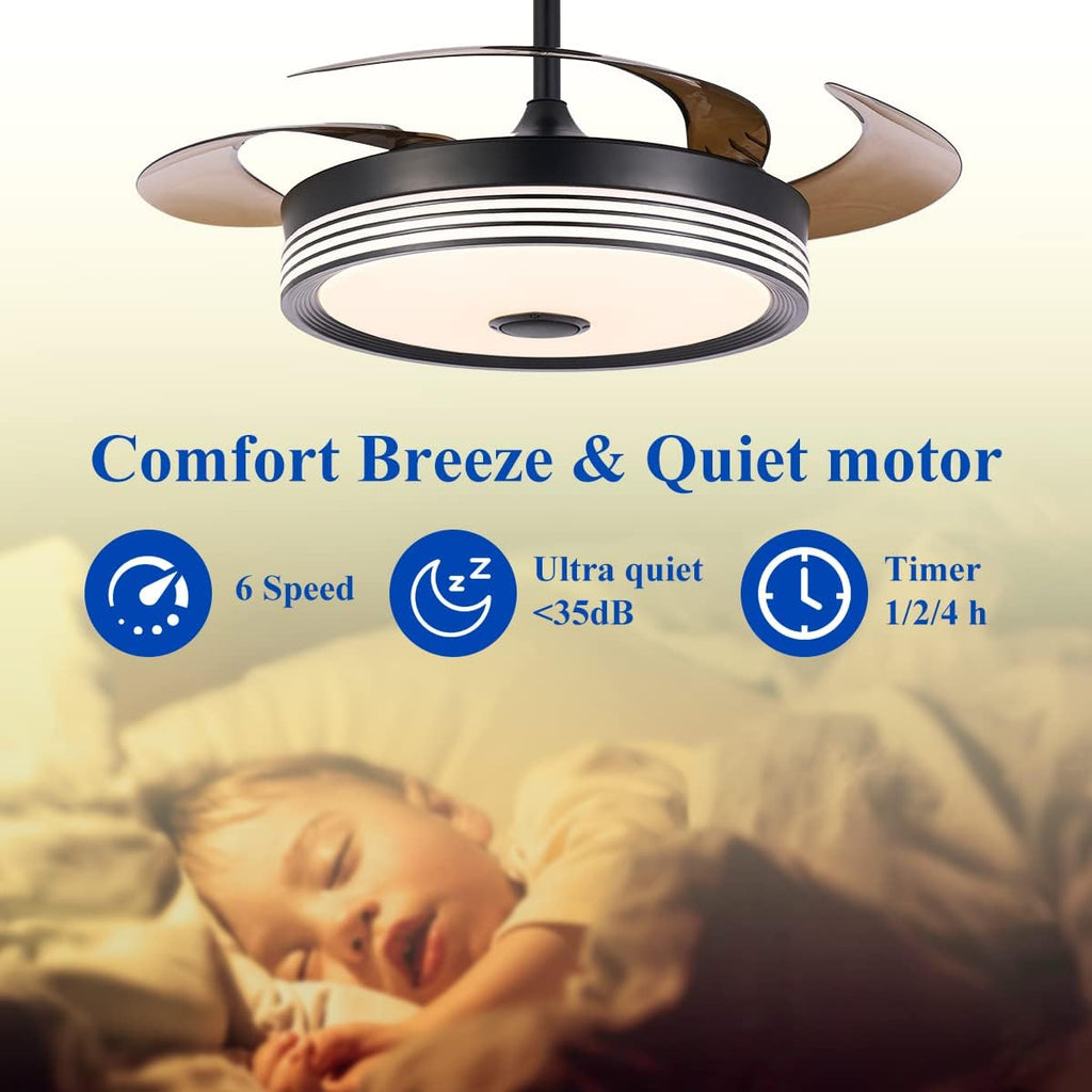 42 inch Modern Retractable Ceiling Fan with Lights and Remote Control, 6Speed Dimmable Fandelier, Smart Ceiling Fan