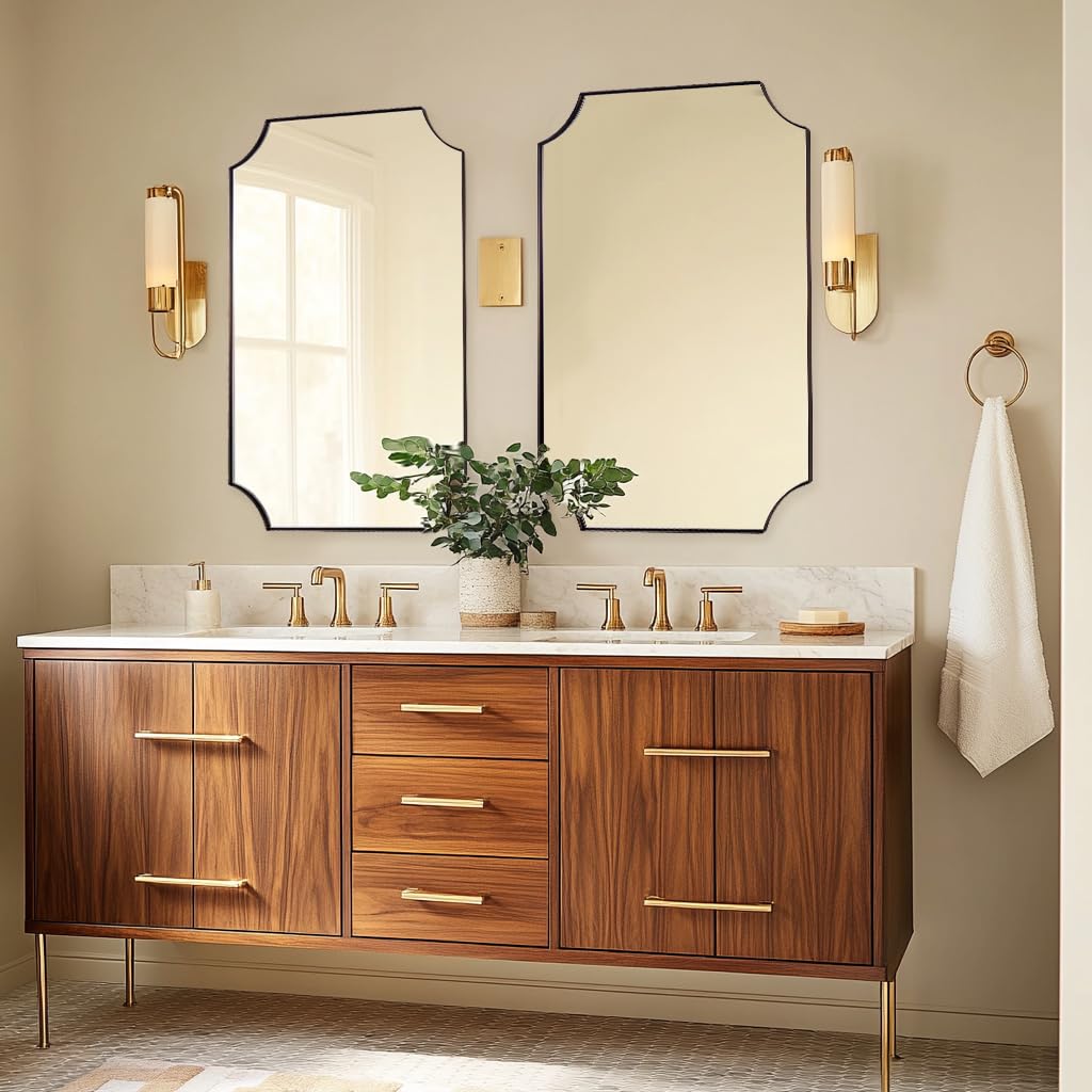 Brushed Bronze Bathroom Mirror, 24x36 Inch Scalloped Mirror, Antique Bronze Rectangular Mirror with Premium