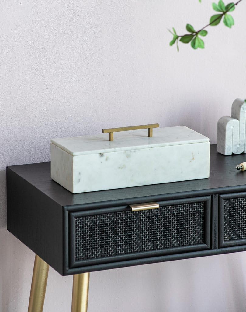 White Marble Rectangular Storage Box with Brass Handle, Contemporary Accent Box, Removable Lid, 14.5' x 7'