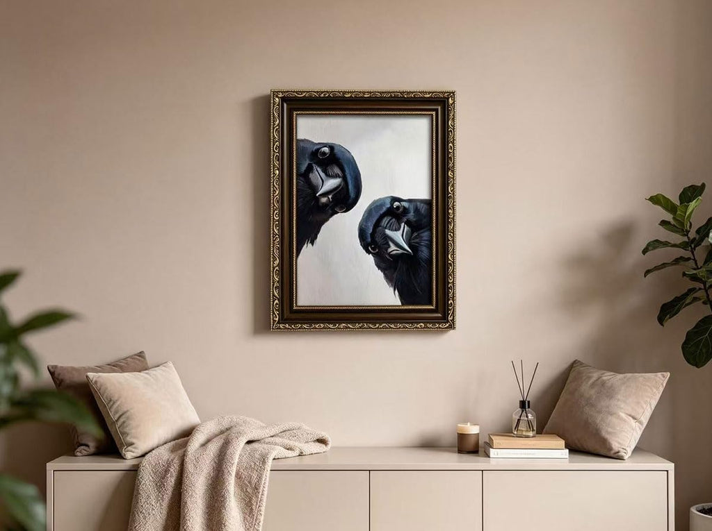Vintage Gold Framed Crow Wall Art, Whimsical Bird Portrait Canvas Prints