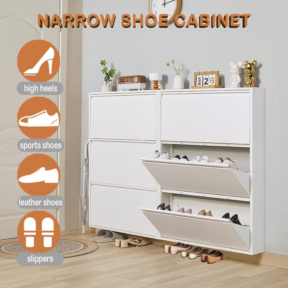 Shoe Storage Cabinet with 3 Flip Drawers, Hidden Slim Narrow Shoe Rack Cabinet, Wall Mount Metal Shoe Cabinet , White