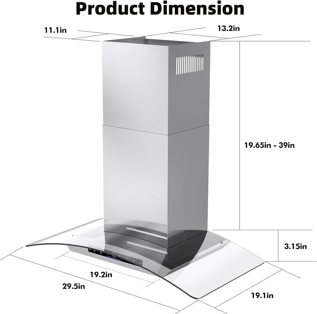 30 Inch Stainless Steel Wall Mount Range Hood 900 CFM Gesture & Touch Control Convertible Ducted/Ductless