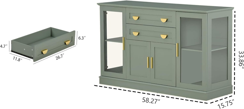 58.27'' Buffet Cabinet with 2 Drawers,LED and Adjustable Shelves,Large Glass Door Coffee Bar Cabinet with