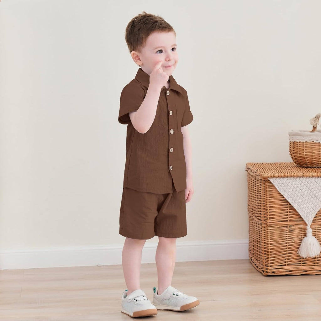 Toddler Baby Boy Summer Clothes Cotton Linen Short Sleeve Solid Button Down Shirt Shorts Set Outfits with Pockets