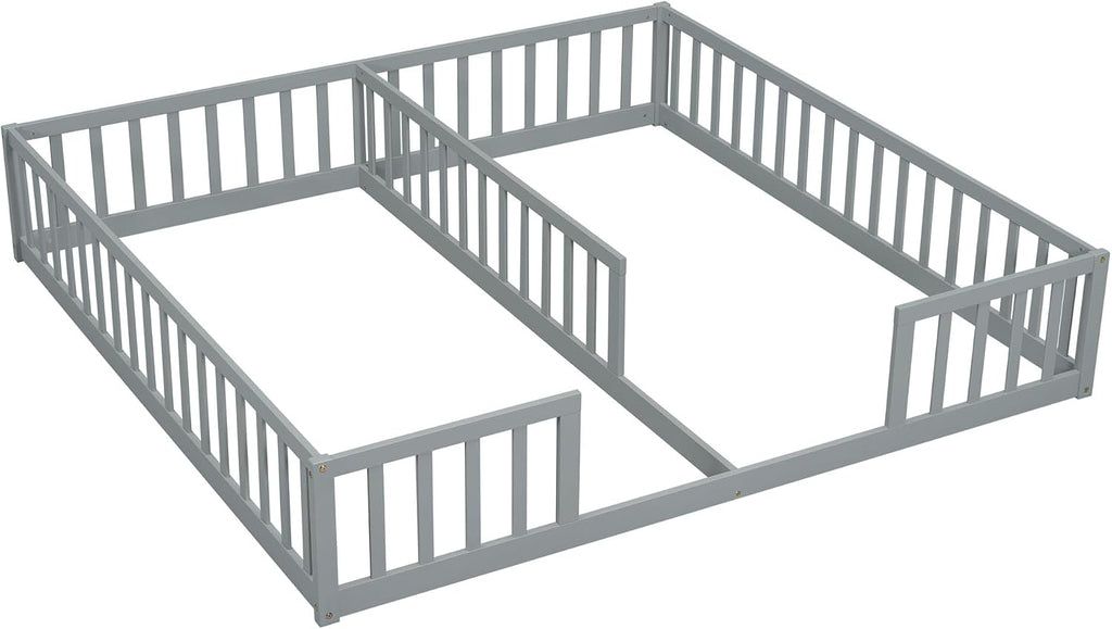 Double Bed for 2 Kids, Montessori Floor Bed for Boys and Girls Bedroom, Solid Wood Montessori Beds with