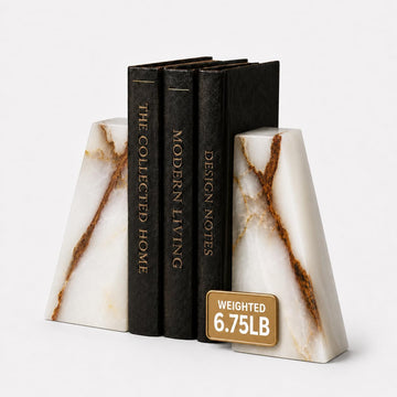 White Triangular Onyx Marble Bookends - Heavy-Duty Wedge Design, Modern Office and Bookshelf Organizer